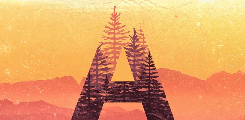 Letra F sobre paisaje de montañas y árboles al atardecer