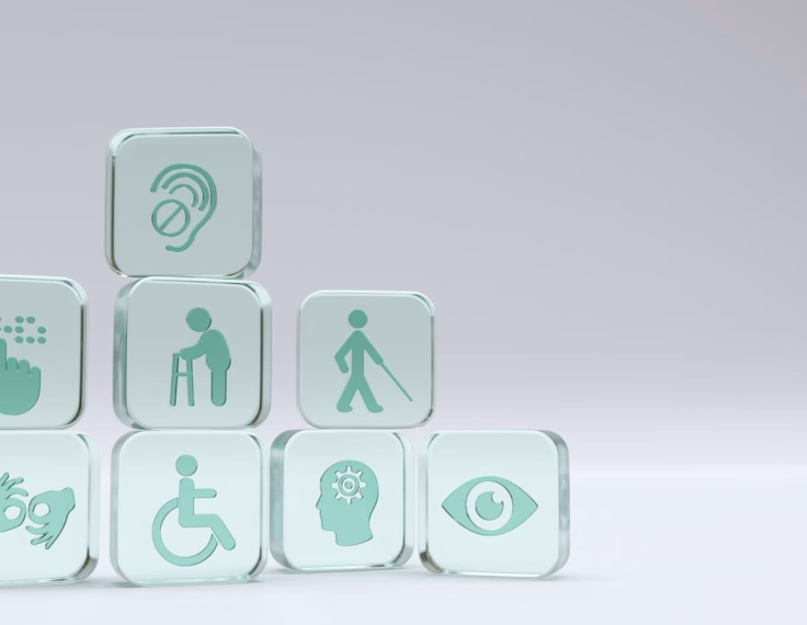 Iconos de accesibilidad en bloques translúcidos representando diferentes tipos de discapacidad: visual, auditiva, motora y cognitiva