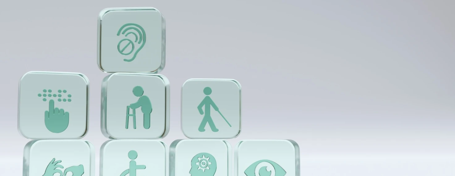 Iconos de accesibilidad en bloques translúcidos representando diferentes tipos de discapacidad: visual, auditiva, motora y cognitiva