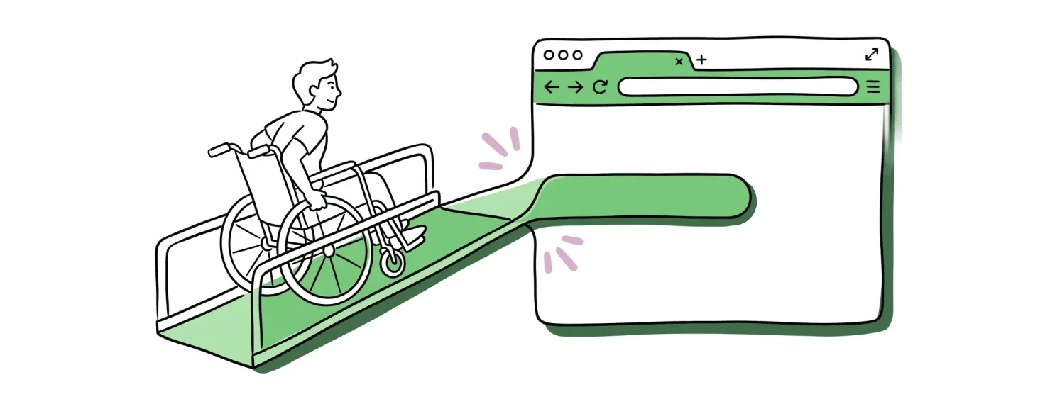 Ilustración a mano alzada en tonos verdes: una persona en silla de ruedas sube por una rampa de accesibilidad que se prolonga y se transforma en la barra de direcciones de un navegador web, uniendo el acceso físico con el digital.