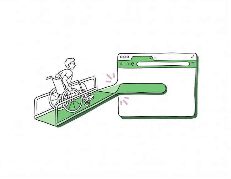 Ilustración a mano alzada en tonos verdes: una persona en silla de ruedas sube por una rampa de accesibilidad que se prolonga y se transforma en la barra de direcciones de un navegador web, uniendo el acceso físico con el digital.