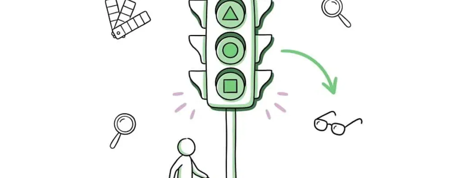 Ilustración a mano alzada en tonos verdes: un semáforo donde cada luz lleva una forma distinta dentro (triángulo, círculo y cuadrado) para distinguirse sin depender del color, mientras una persona con bastón cruza la calle con confianza.