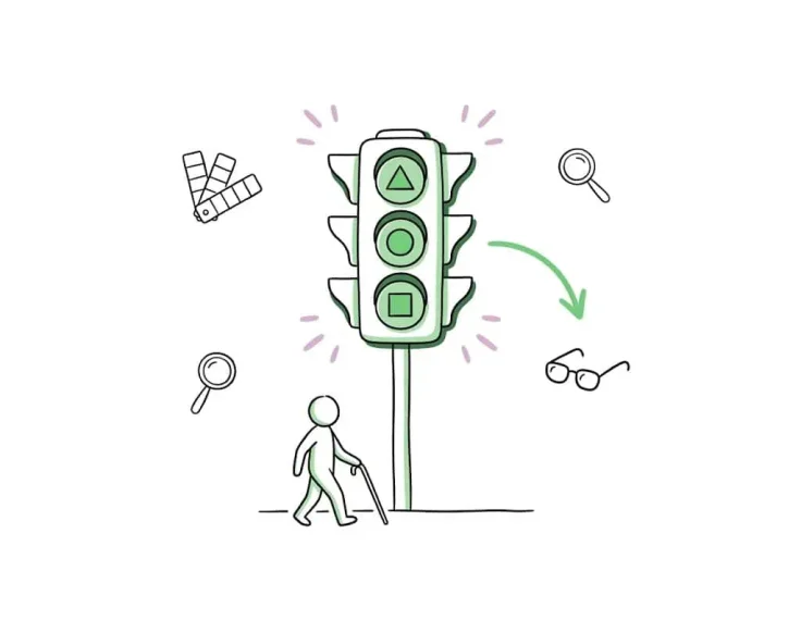 Ilustración a mano alzada en tonos verdes: un semáforo donde cada luz lleva una forma distinta dentro (triángulo, círculo y cuadrado) para distinguirse sin depender del color, mientras una persona con bastón cruza la calle con confianza.