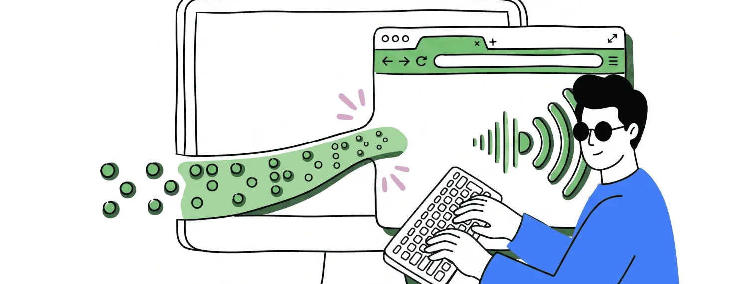 Ilustración a mano alzada en tonos verdes: una pantalla con líneas de texto cuyo contenido sale convertido en ondas de sonido y en una fila de puntos braille, las dos salidas de un lector de pantalla.