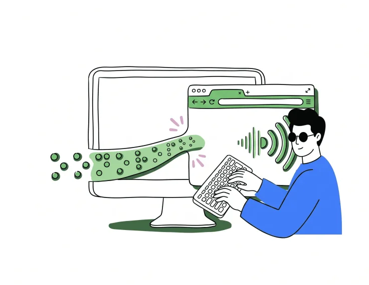 Ilustración a mano alzada en tonos verdes: una pantalla con líneas de texto cuyo contenido sale convertido en ondas de sonido y en una fila de puntos braille, las dos salidas de un lector de pantalla.